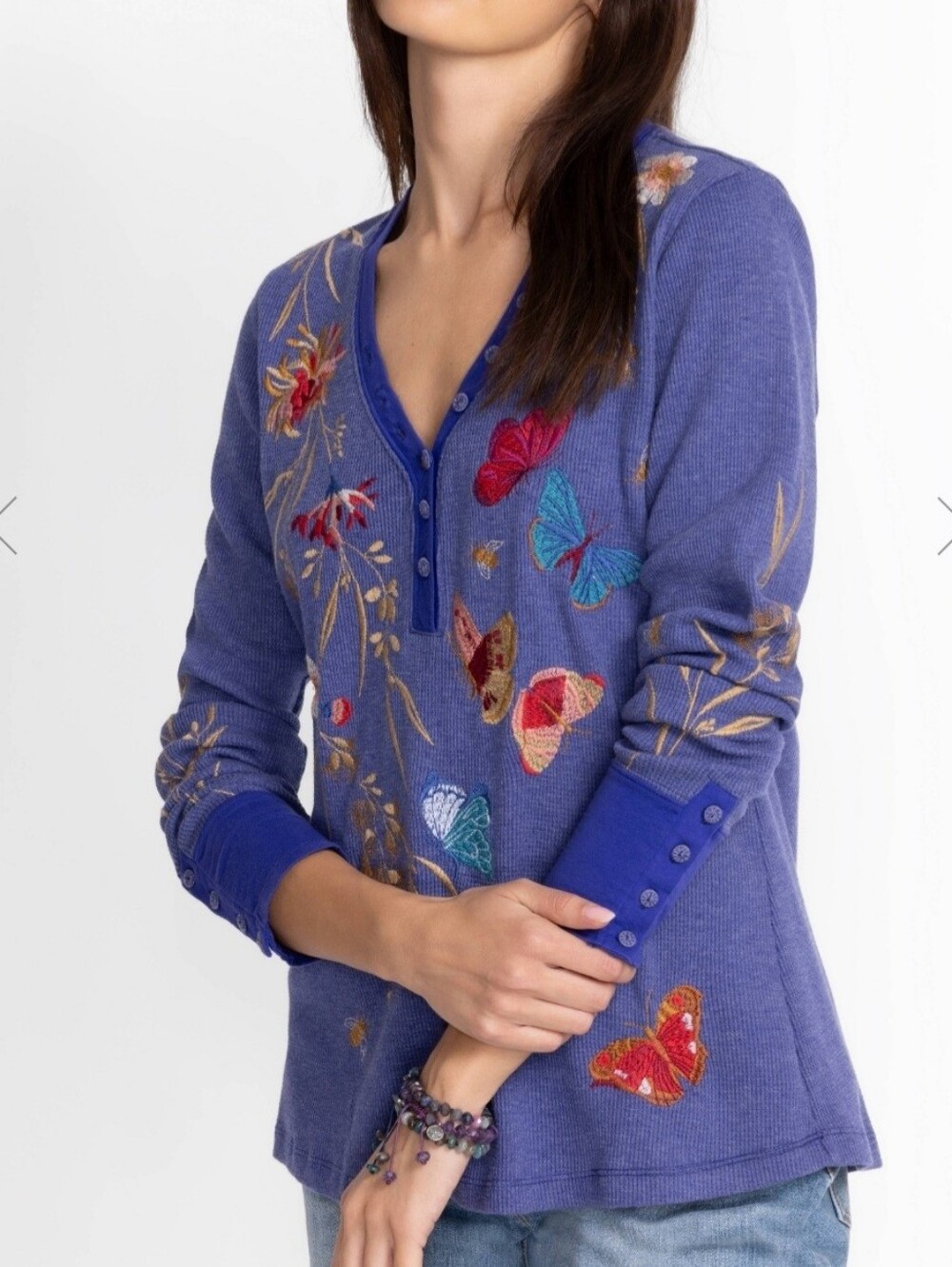 JOHNNY WAS ARIA V‑NECK THERMAL EMBROIDERED TOP SZ PXL PETITE XL
